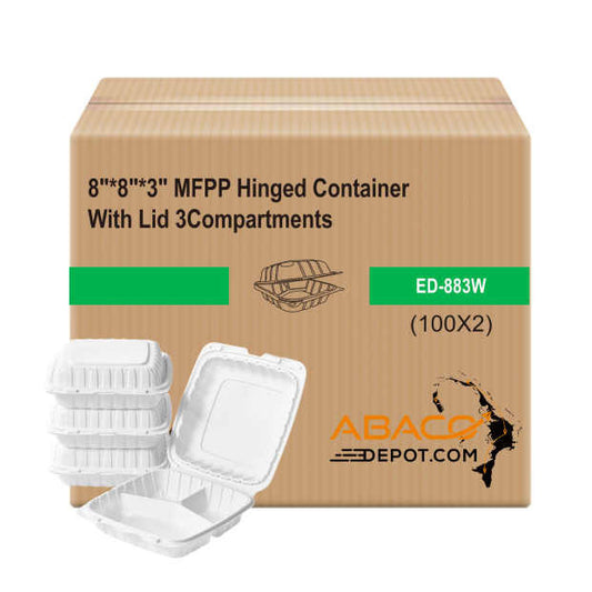 8"x8"X3" MFPP White Hinged Container With Lid 3 Compartment (Case of 200)