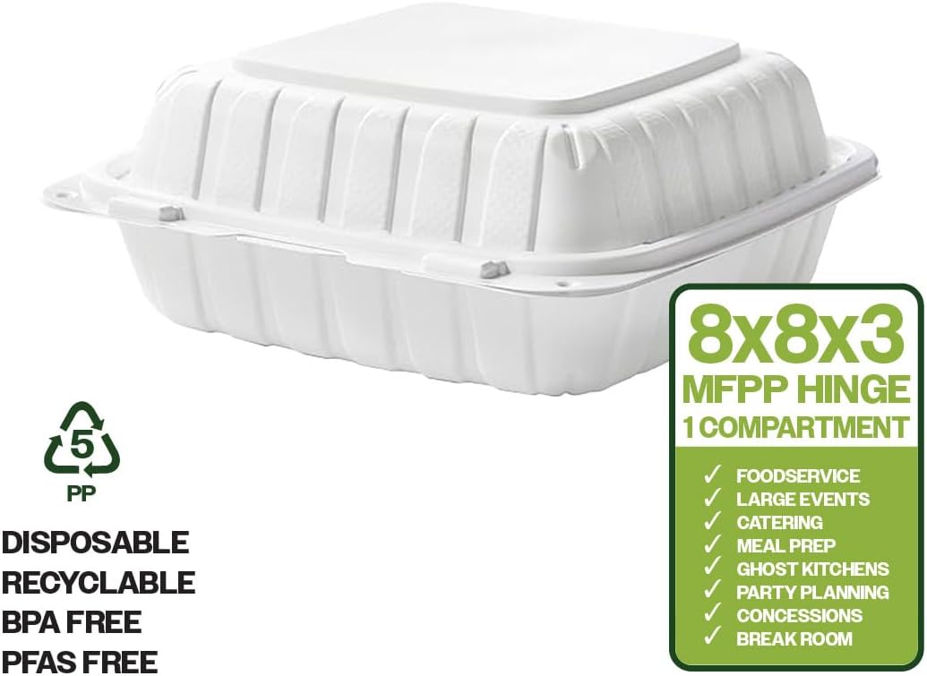 8"x8"x1" MFPP White Hinged Container With Lid 1 Compartment (Case of 200)