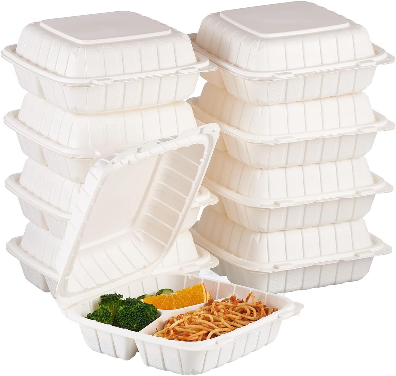 8"x8"X3" MFPP White Hinged Container With Lid 3 Compartment (Case of 200)