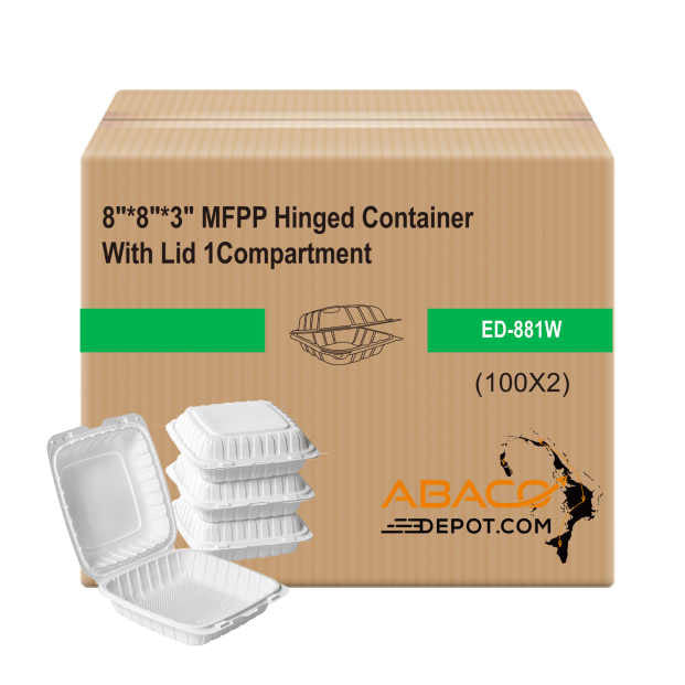 Pallet of 24 boxes 8"x8"x1" MFPP White Hinged Container With Lid 1 Compartment (Case of 200).